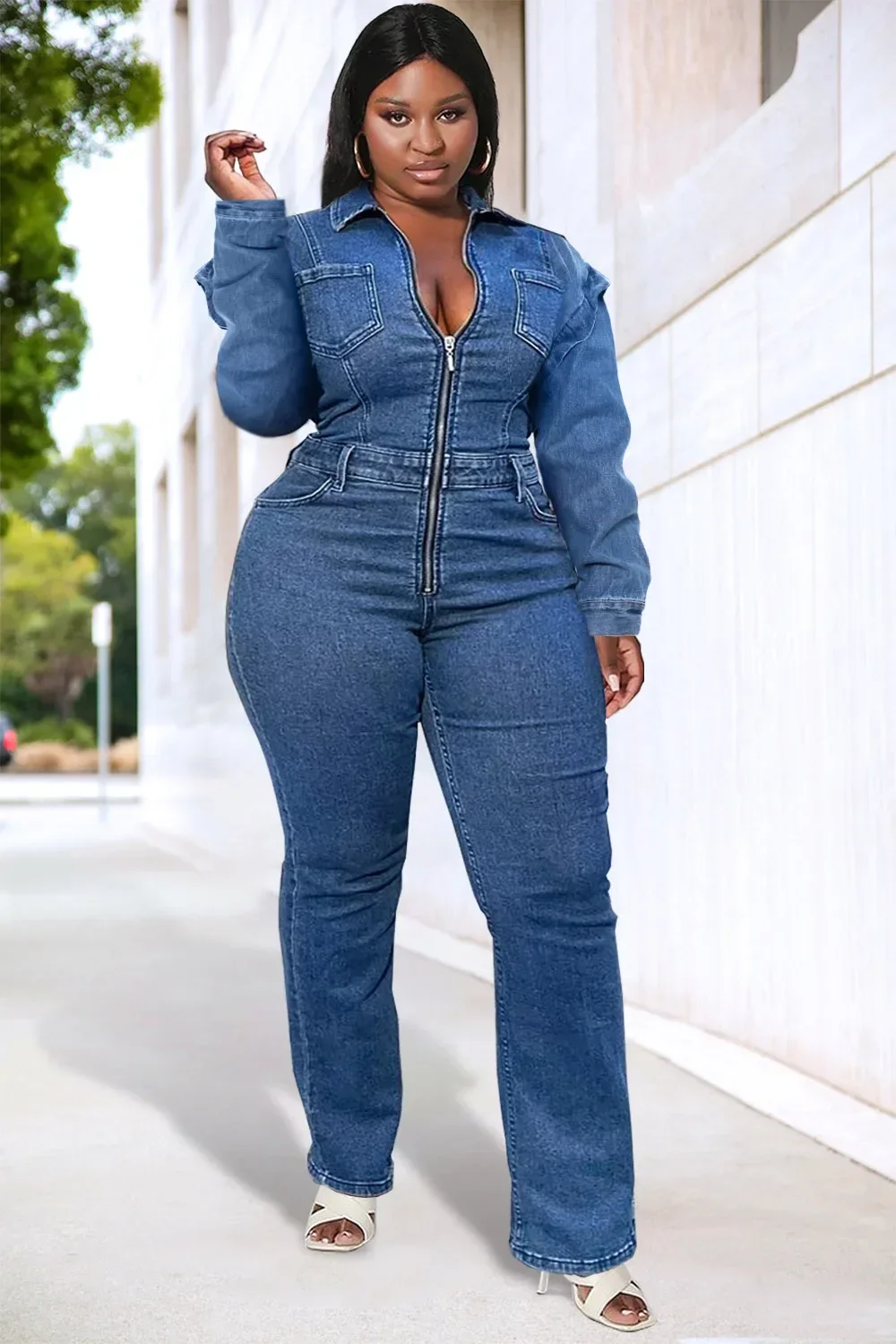 Plus Size Daily Jumpsuit Blue Long Sleeve Denim Zip Jumpsuit Women\'s Spring Autumn Bodysuit Solid Color Romper Jeans