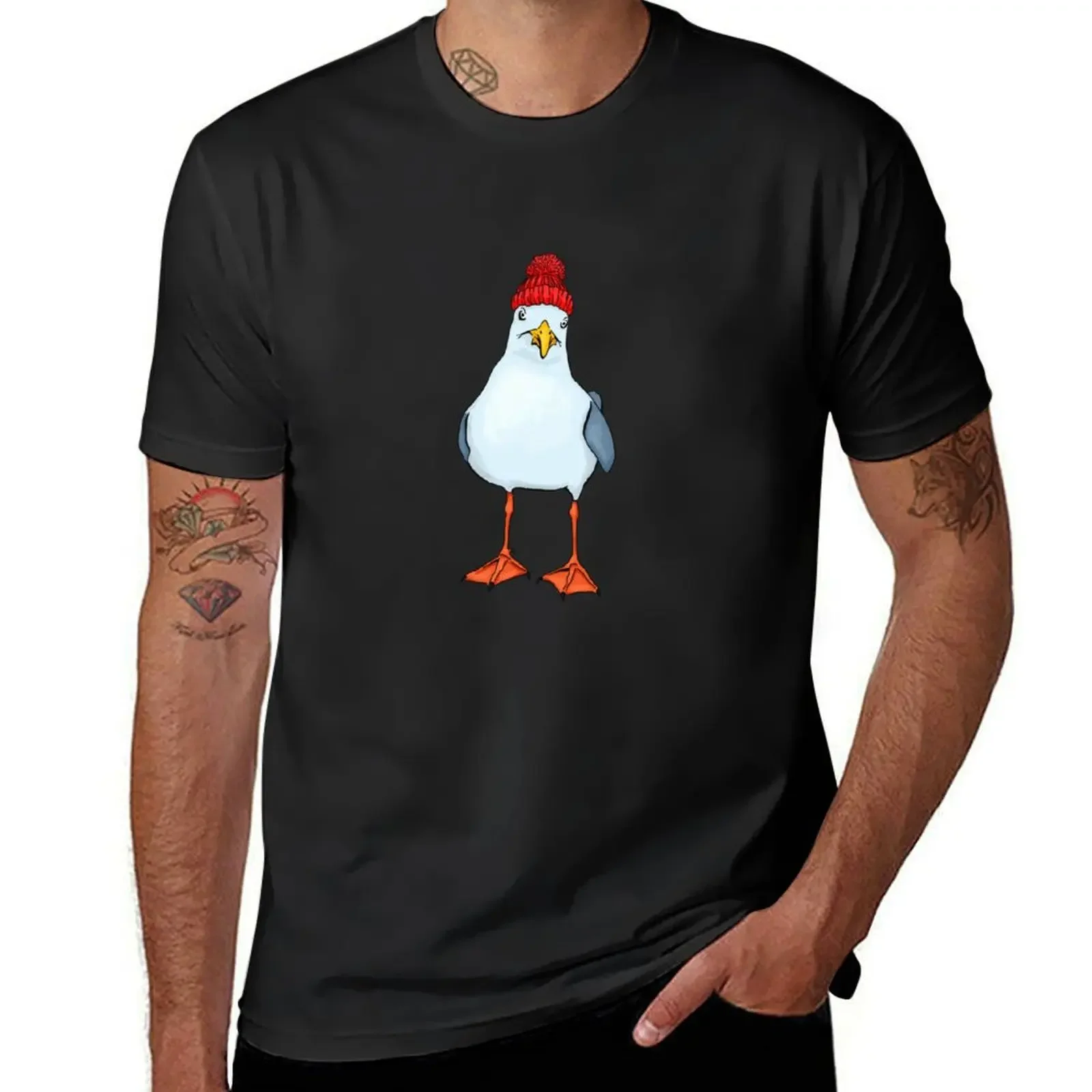 Baby, it's cold outside - funny seagull in a red knitted hat hand drawn picture T-Shirt oversizeds men tshirt