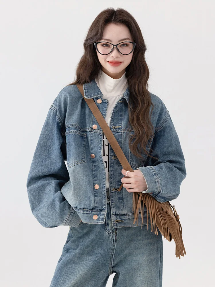 Damska kurtka jeansowa w stylu retro Hong Kong, luźna, uniwersalna, wyszczuplająca, zapinana na guziki, z kołnierzykiem, długa rękaw.