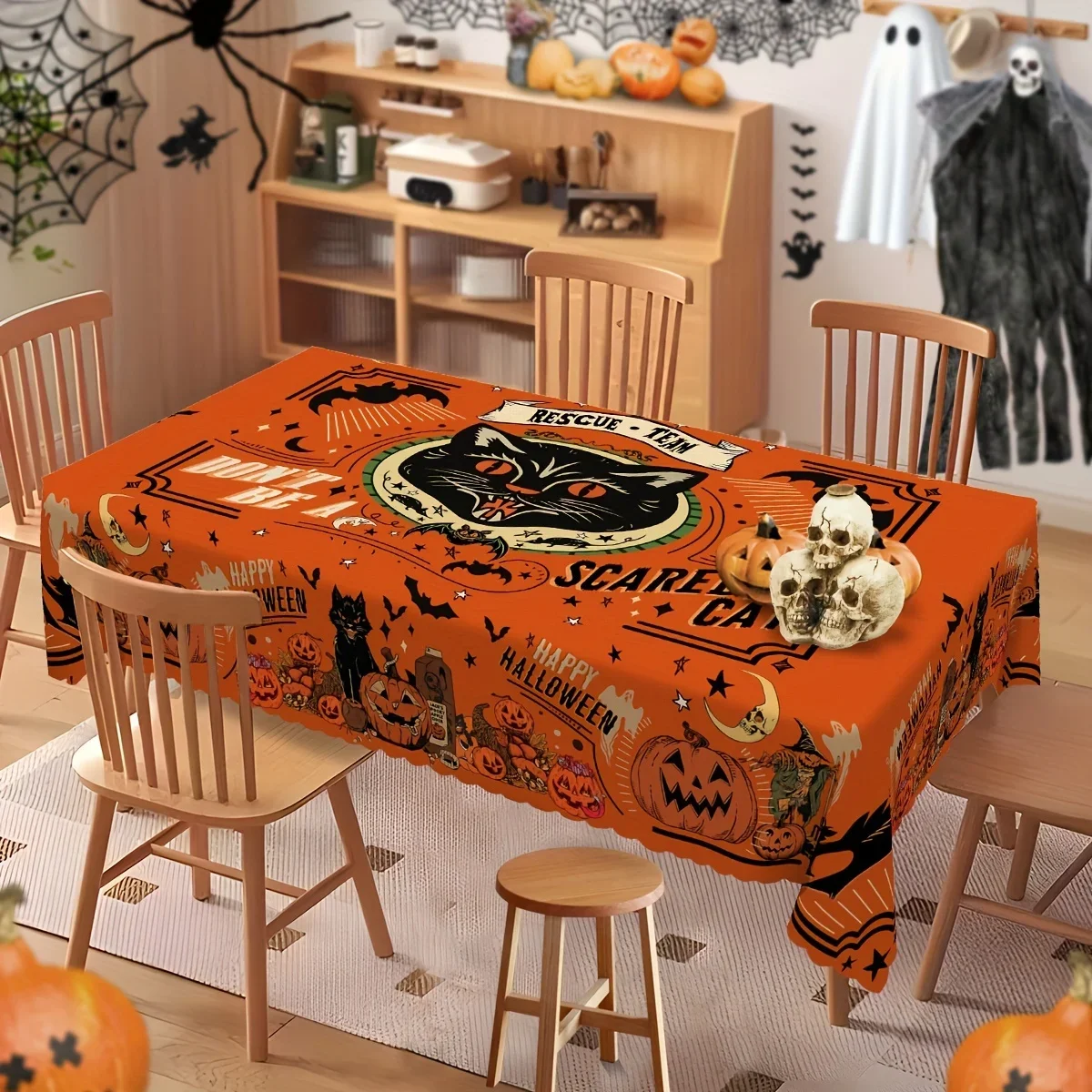 One rectangular circular tablecloth, a black cat and pumpkin retro Halloween tablecloth, suitable for themed partiesxzj