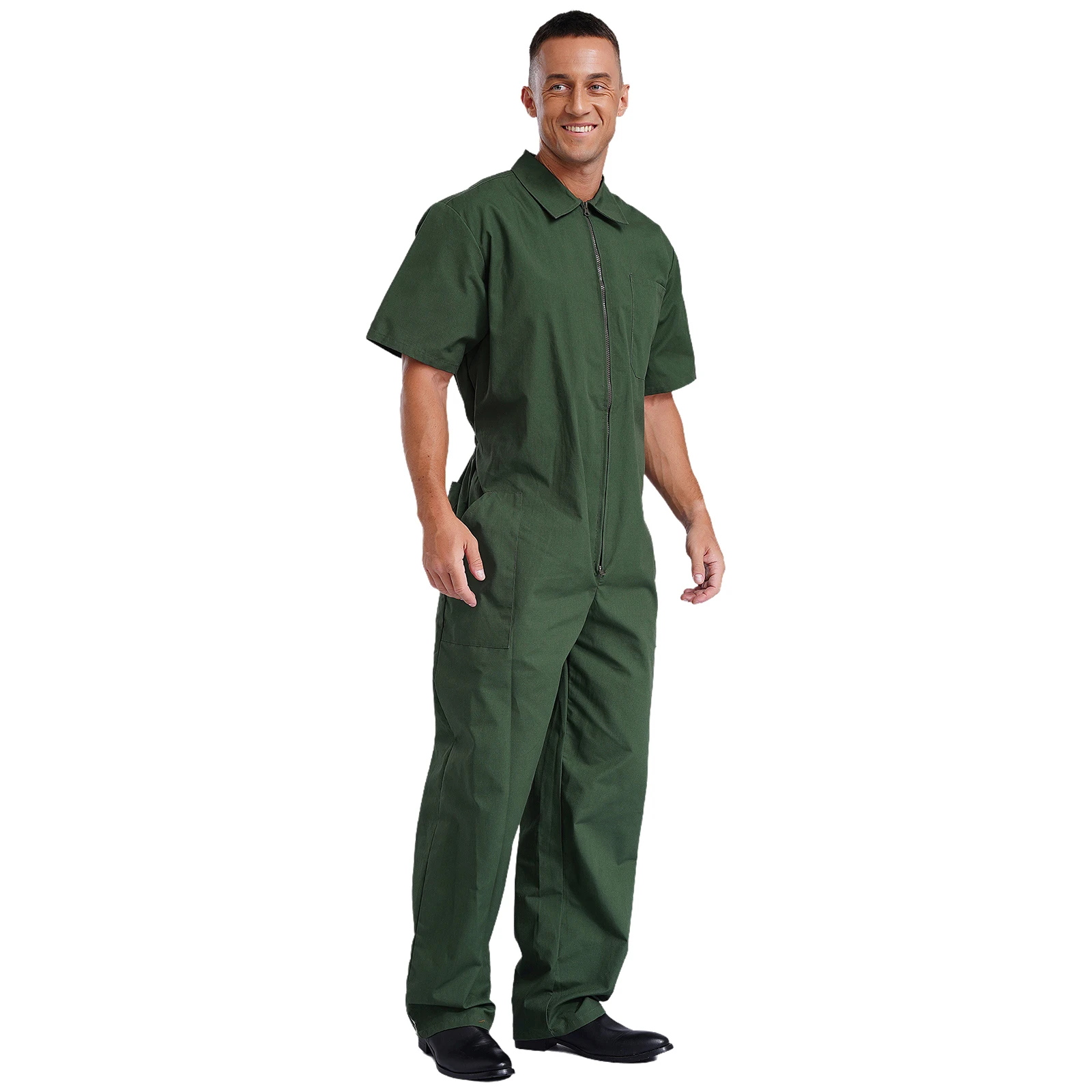 Mens Coveralls Jumpsuit Zipper Multiple Pockets Rompers Shorts Sleeve Workwear Resistant Dungarees Overalls Workshop Uniform