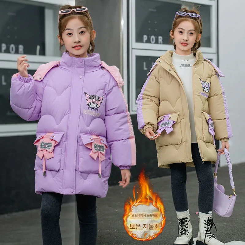サンリオダウンジャケット漫画クロミ子供フード付きコート肥厚ミディアム丈冬女の子服ジッパージャケット韓国語版