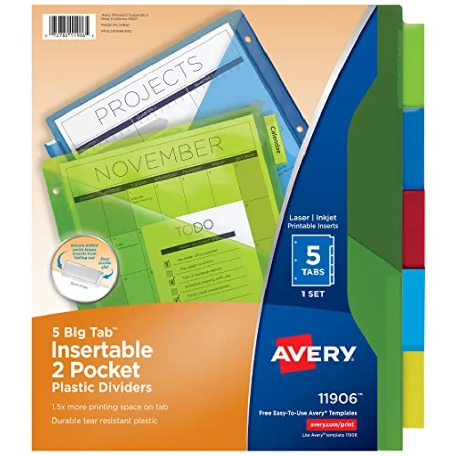 

Dividers for 3 Ring Binders, 5-Tab Sets, Two-Pocket Plastic Binder Dividers with Tabs, Multicolor, 1 Set 11906
