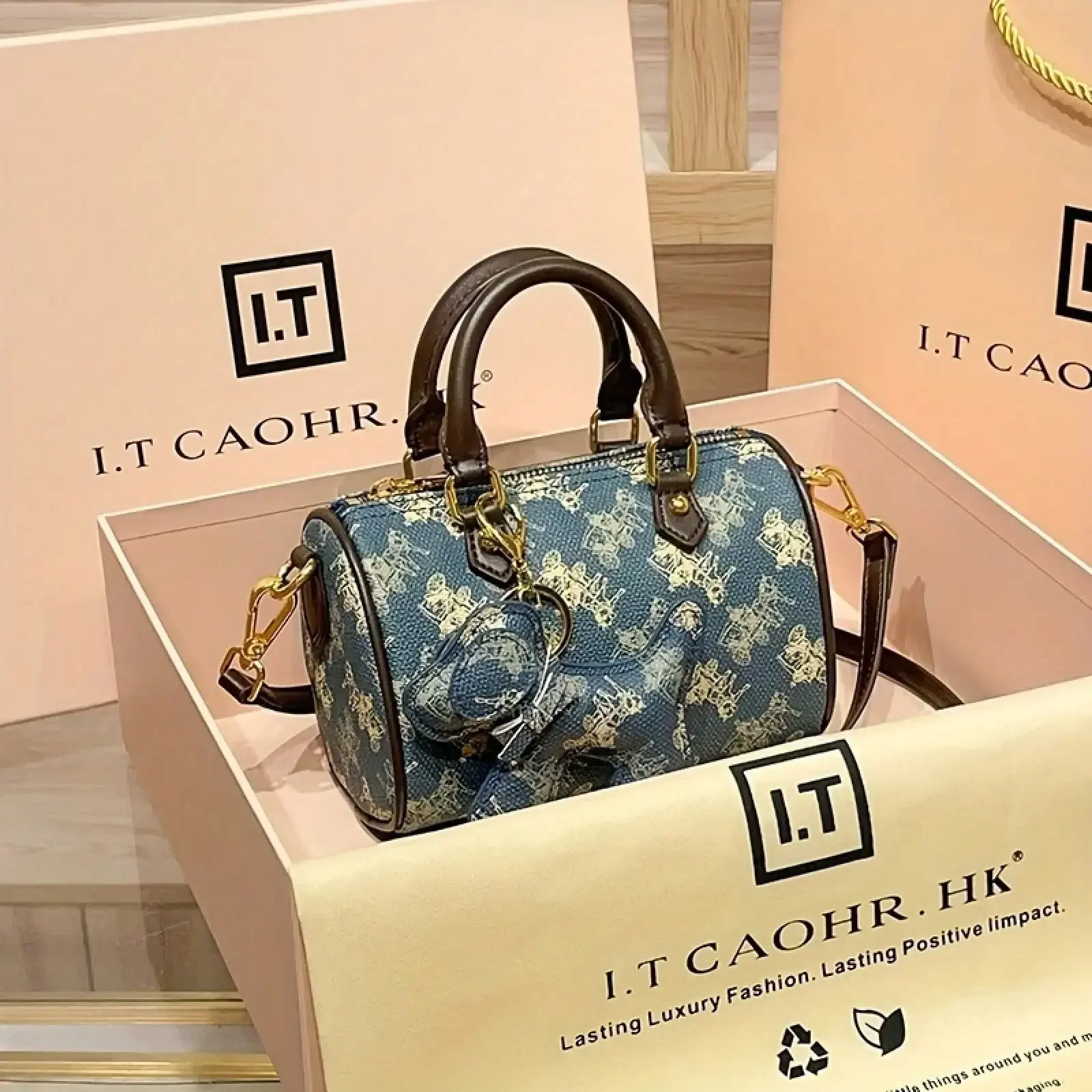 Women Elegant Vintage Blue Structured Handbag With Detachable Gold Chain Strap & Lining, Multi Occasion Shoulder Bag For Work Travel Formal Day Night