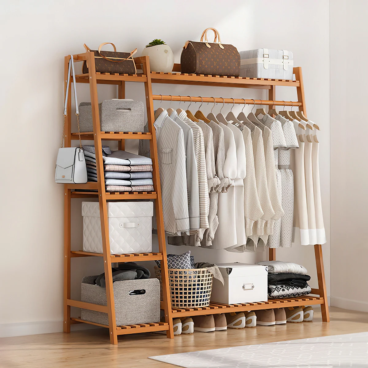 Voltsify Bamboo Bedroom Garment Clothes Rack Brown 110cm &130cm