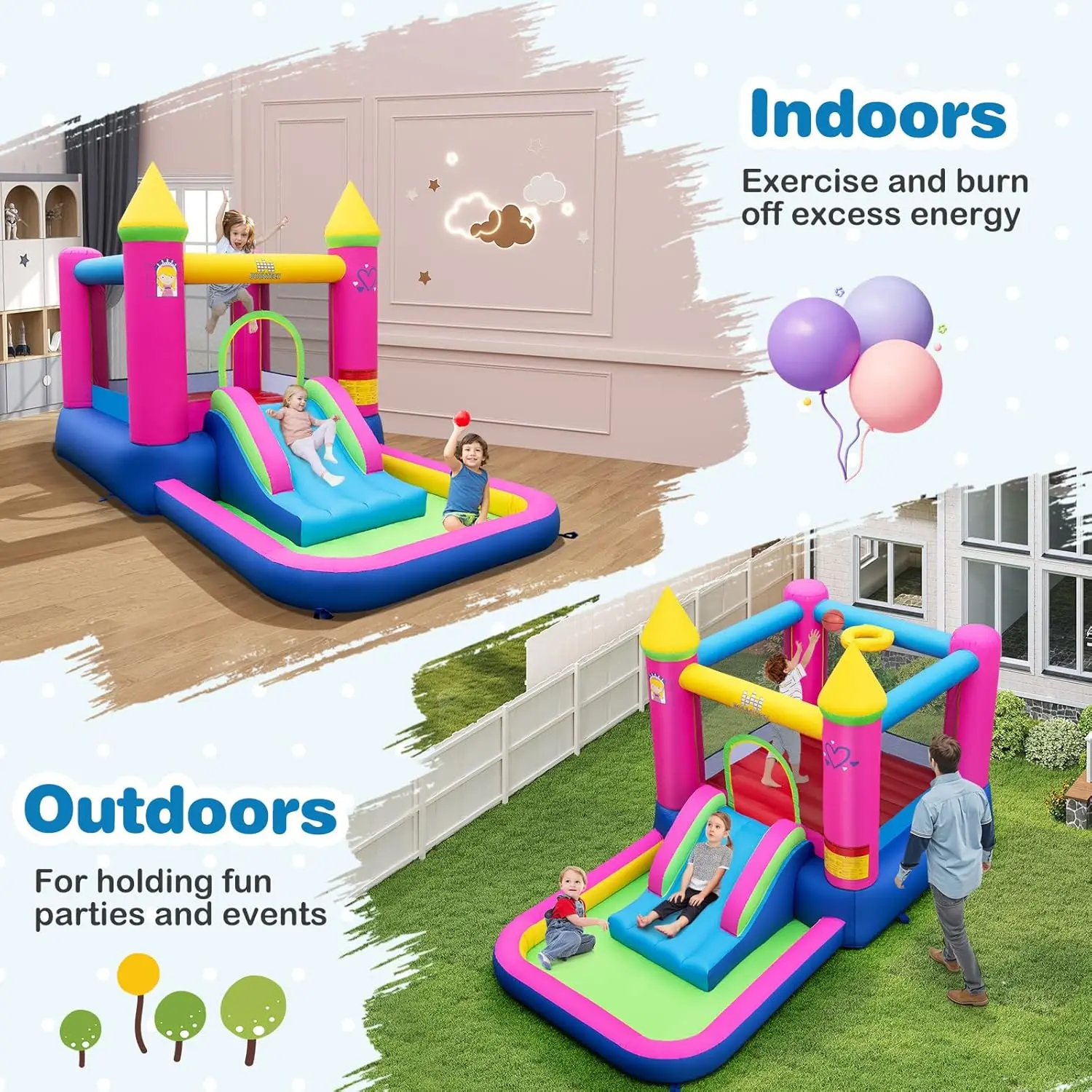 Casa inflable de rebote con pozo de pelotas, casa inflable de princesa para niños, interior y exterior con zona de salto, aro de baloncesto, soplador, Bo