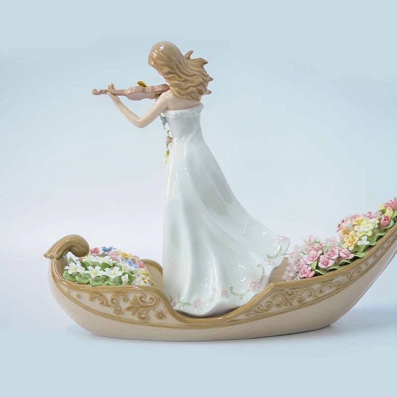 Elegant Lady Playing Violin on Gondola Porcelain Figurine Hand Painted Floral Ceramic Sculpture Home Room Decor Ornament Gift