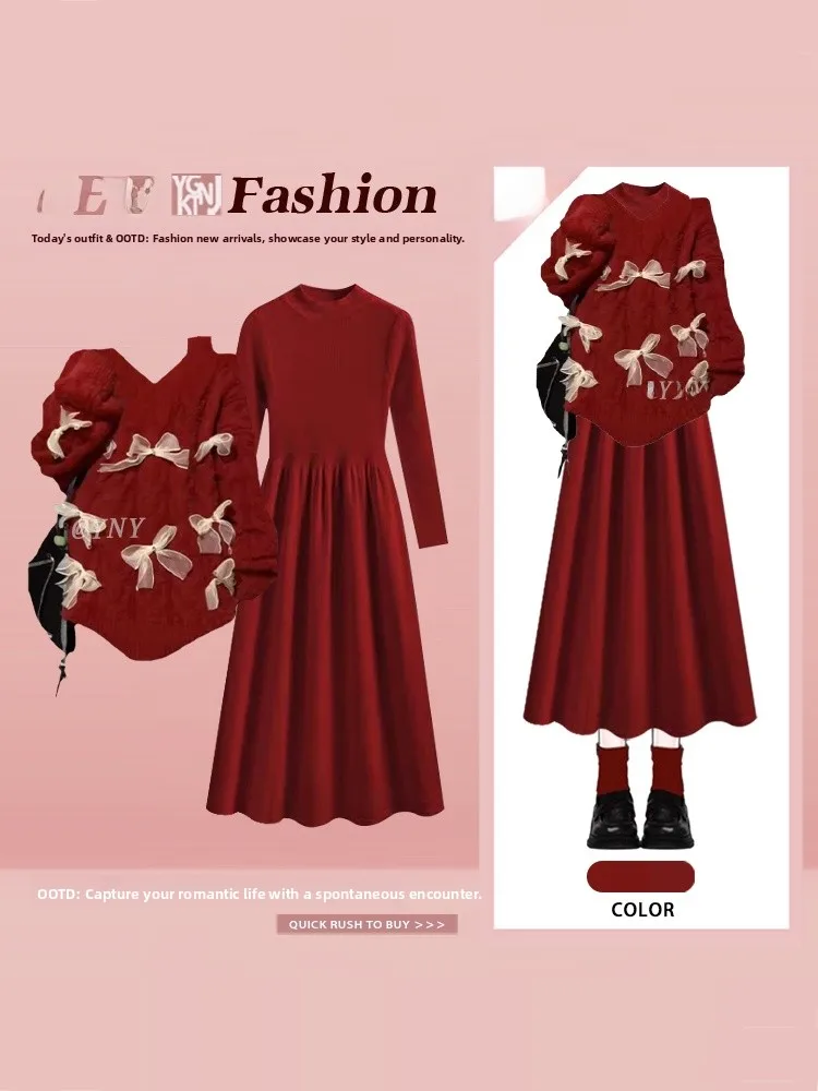 

Red Christmas New Year Women's Knitted Dress Set Knot Atmosphere Personality Fashion Set Long Sleeve round Neck