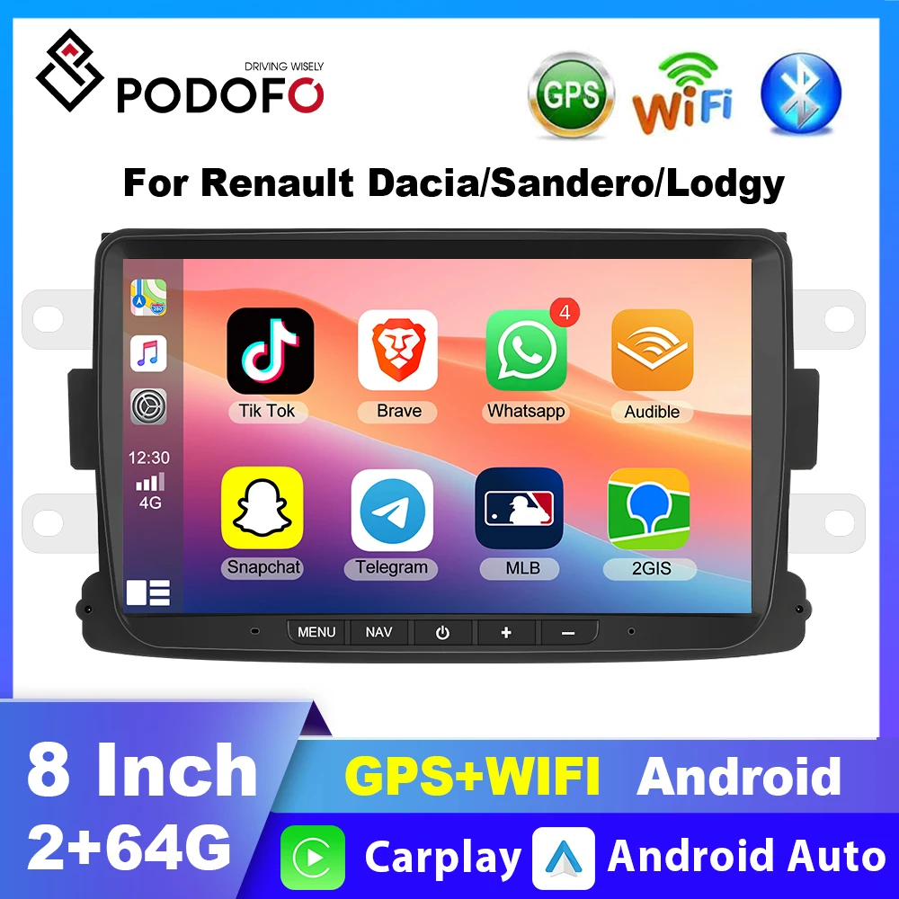 Podofo 2+64G Android Car Stereo Carplay Android Auto For Renault Dacia Sandero Captur 8'' Car Player Bluetooth D-Play GPS Audio