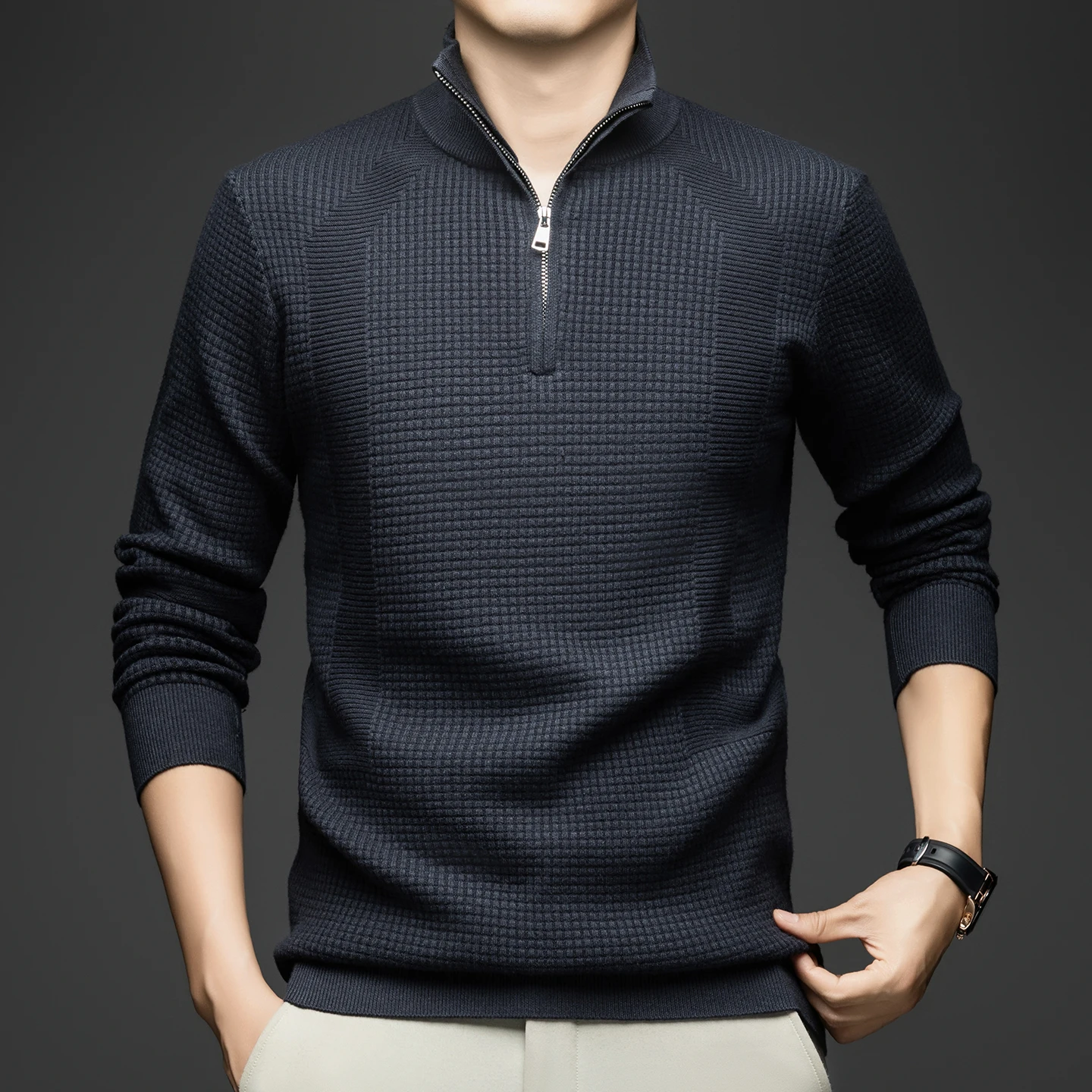 سترة رجالية جديدة موديل 2025 (بما في ذلك الصوف) بنصف سحاب لخريف وشتاء 2025 سترة متماسكة فضفاضة جديدة للرجال