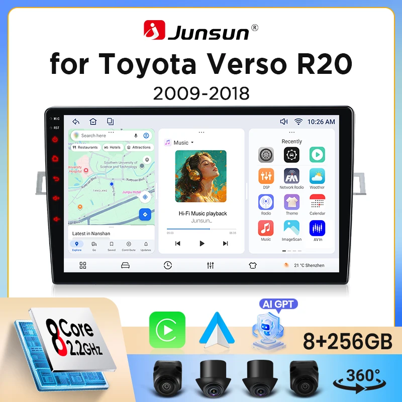Autoradio Junsun sans fil CarPlay Android Auto pour Toyota Verso (ZGR20/AUR20) 2009-2018 avec ventilateur de refroidissement intégré, navigation GPS Android, le