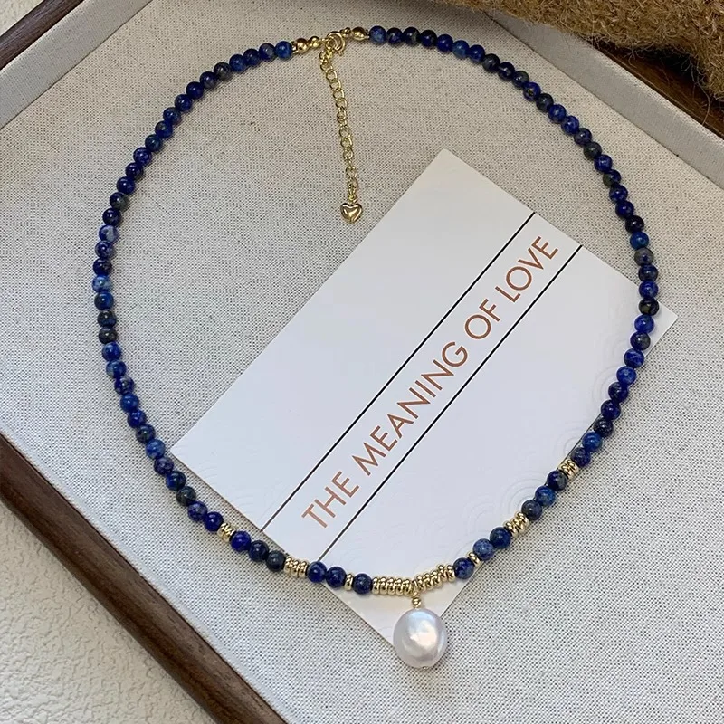 100% Natürliche Barocke Knopf-Süßwasserperlen & Lapislazuli-Perlen, 14K Vergoldete Damen-Anhänger-Halskette, Verblasst Nicht, Geschenk