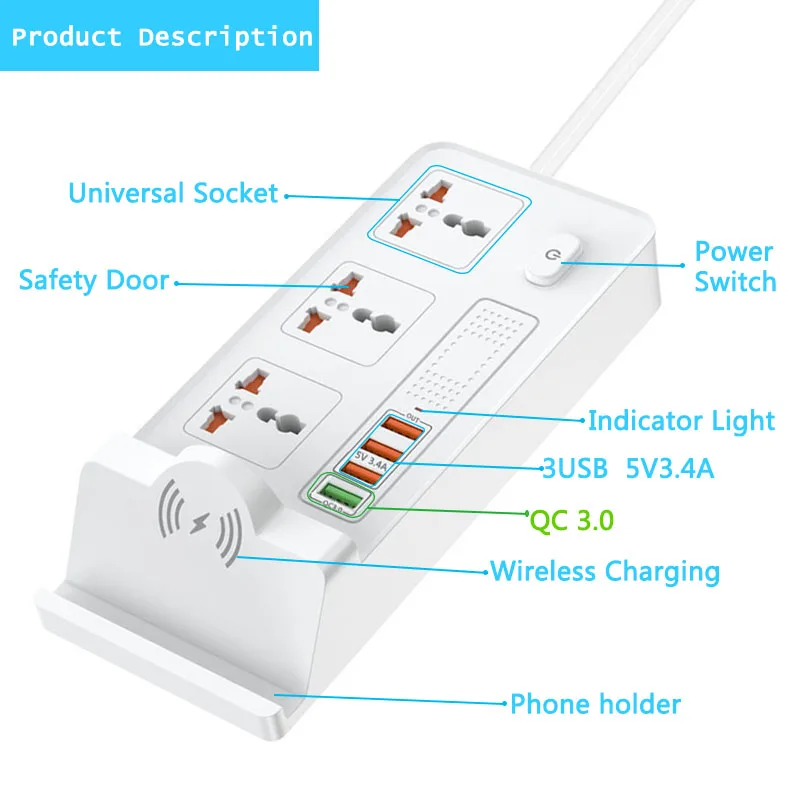 wireless fast charger quick charge station 3USB + QC 3.0 Charger Port 3ways univesal socket power extension