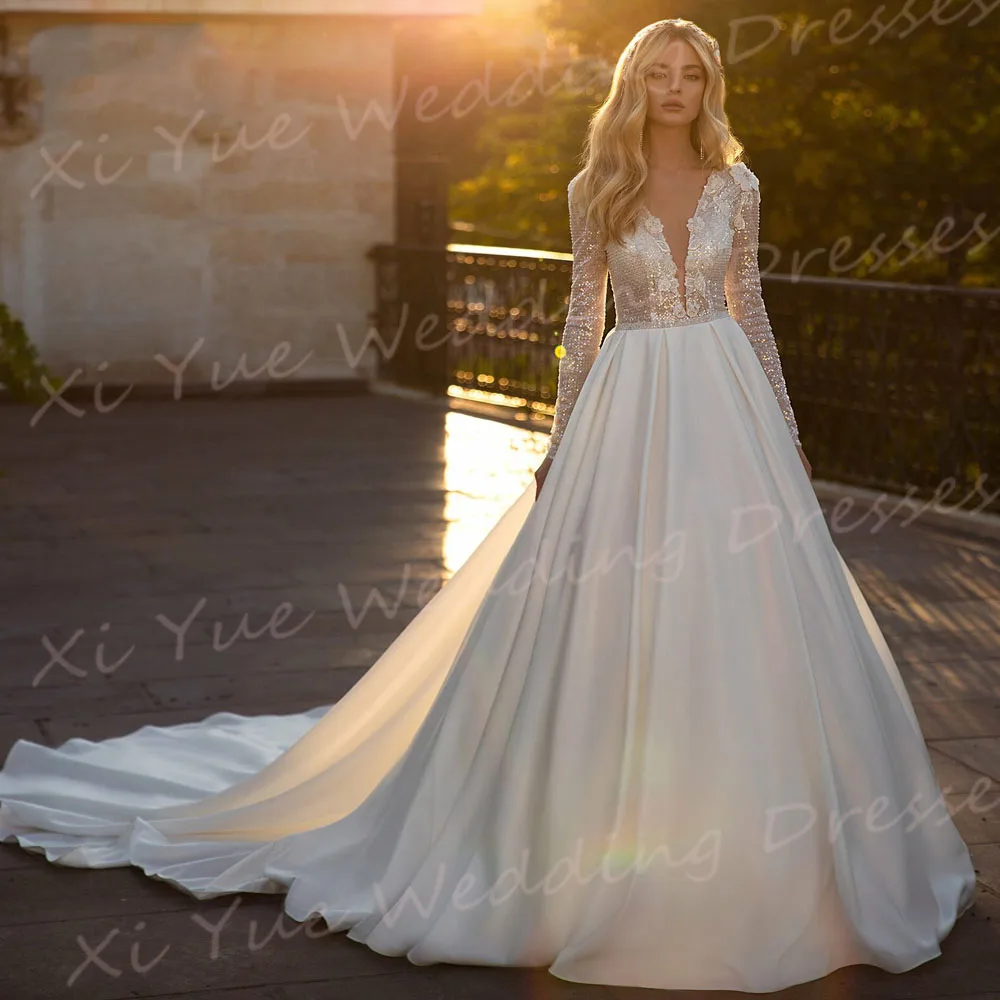 Affascinante Sexy profondo scollo A V una linea abiti da sposa da donna graziosi Appliques abiti da sposa manica lunga bottone Vestido De Noivas