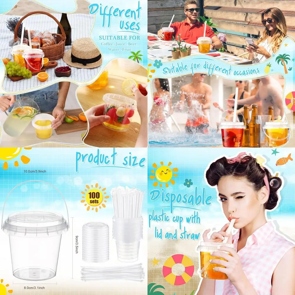 

100 Pack Clear Plastic Cups with Lids, Straws, and Handles - 16 oz Disposable Drinkware for Outdoor Parties, Beach, and Birthday