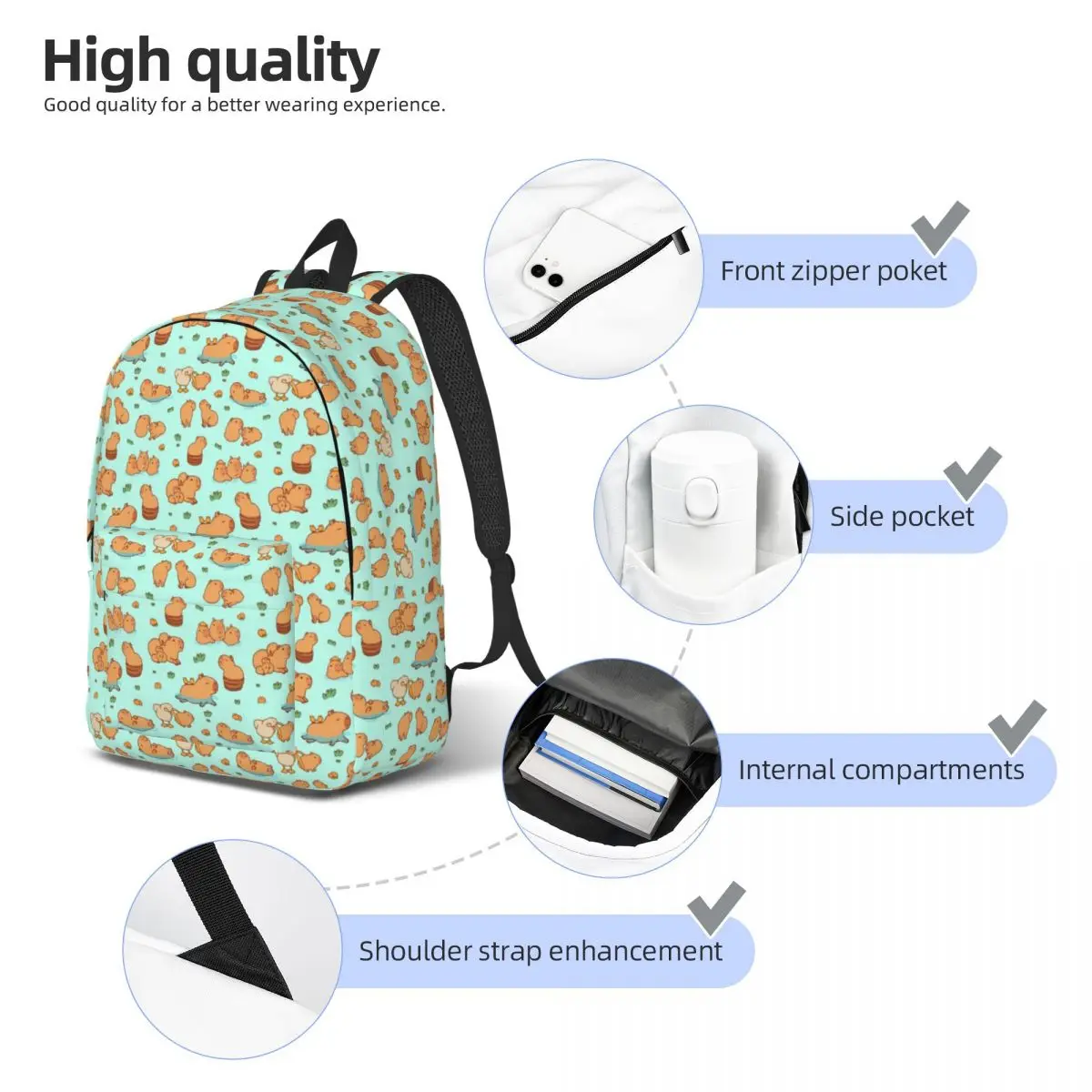 Mochila de lona elegante, lindo capivara, padrão sem costura, mochila confortável e espaçosa para trabalho, ao ar livre e viagens de fim de semana