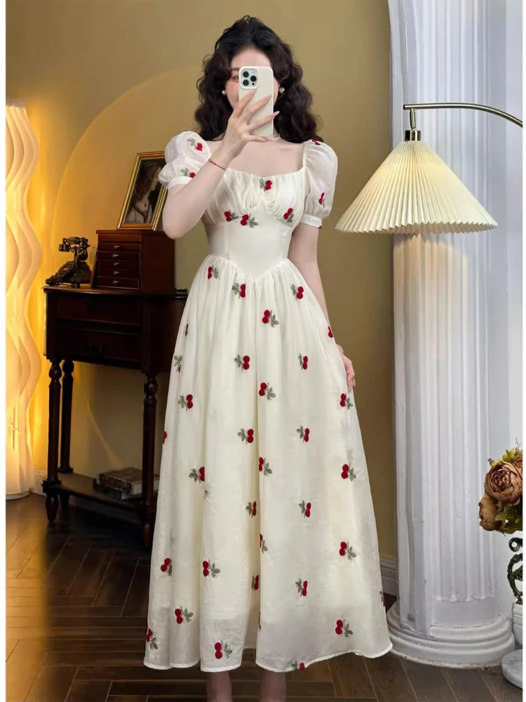 Women Dress 2024 Summer French Square Neck Fragmented Flower Dress Elegant Split Bubble Sleeves Slim Fit Long Dress