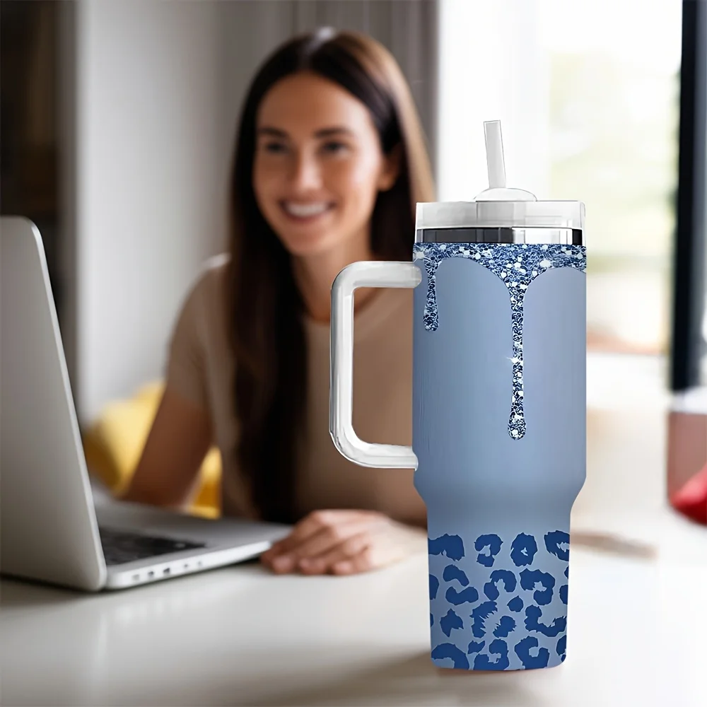 Fashion Blue Glitter Drip Leopard Print Travel Tumbler with Handle And Straw for Outdoor Daily Use
