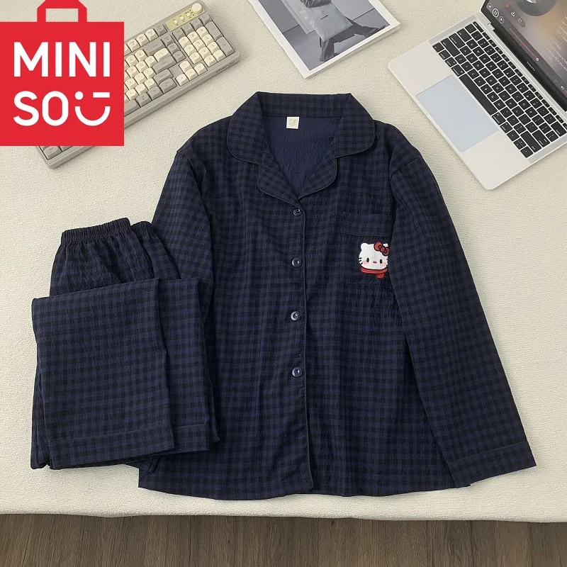 

Embroidery Hello Kitty Pajama Woman Fall Winter Plaid Lounge Set for Women Long Sleeve Top and Pants Comfort Big Size Home Wear