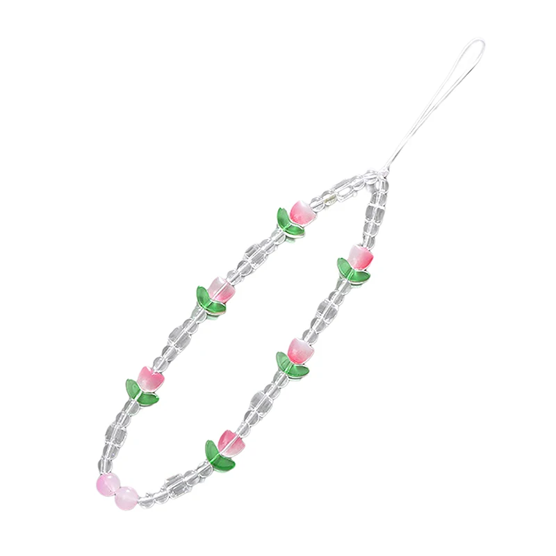 Cordón de cadena de teléfono con cuentas de flores en forma de tulipán Simple, cuerda antipérdida, joyería dulce para teléfono móvil, accesorio para cordón de teléfono