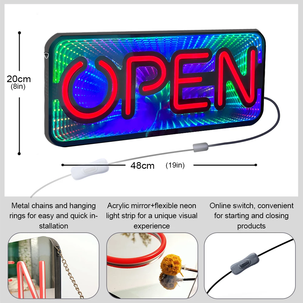 Double-side 3D Tunnel OPEN Neon Light Sign Hanging for Shop Bar Business Store signs