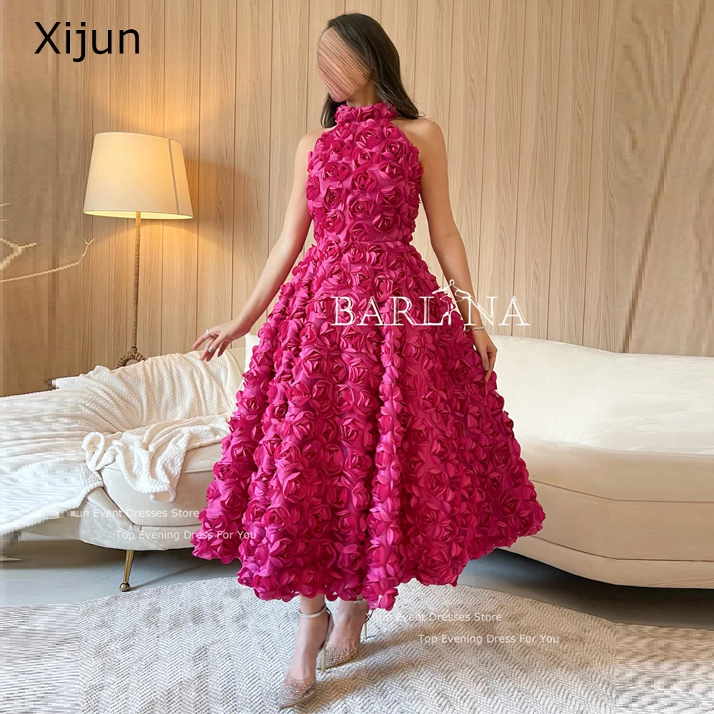 Xijun Fuschia 3D Flowers Short Evening Dresses Sleeveless Luxury Prom Dresses Dubai Saudi Arabric Party Gowns Formal Dresses