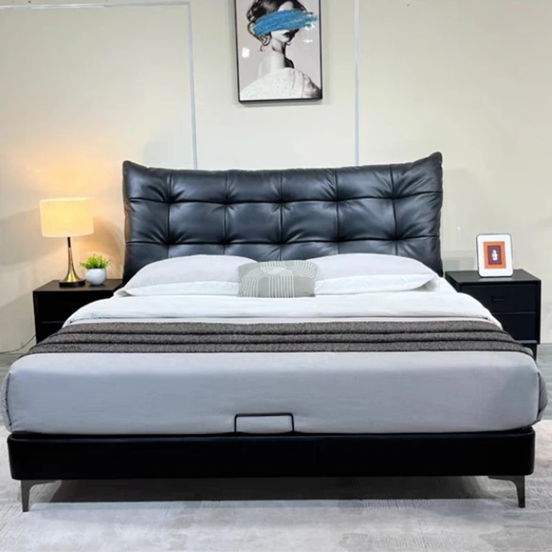 New 1.8 Meter Luxury Leather Bed for Master Bedroom Modern Simple High-End Atmosphere Soft Wooden Frame Big Black Leather Bed