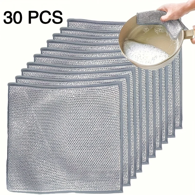 Paño de cocina de fibra plateada de doble capa, depurador de microfibra resistente al aceite, trapo de limpieza de alta fricción para platos y sartenes, 30 Uds.