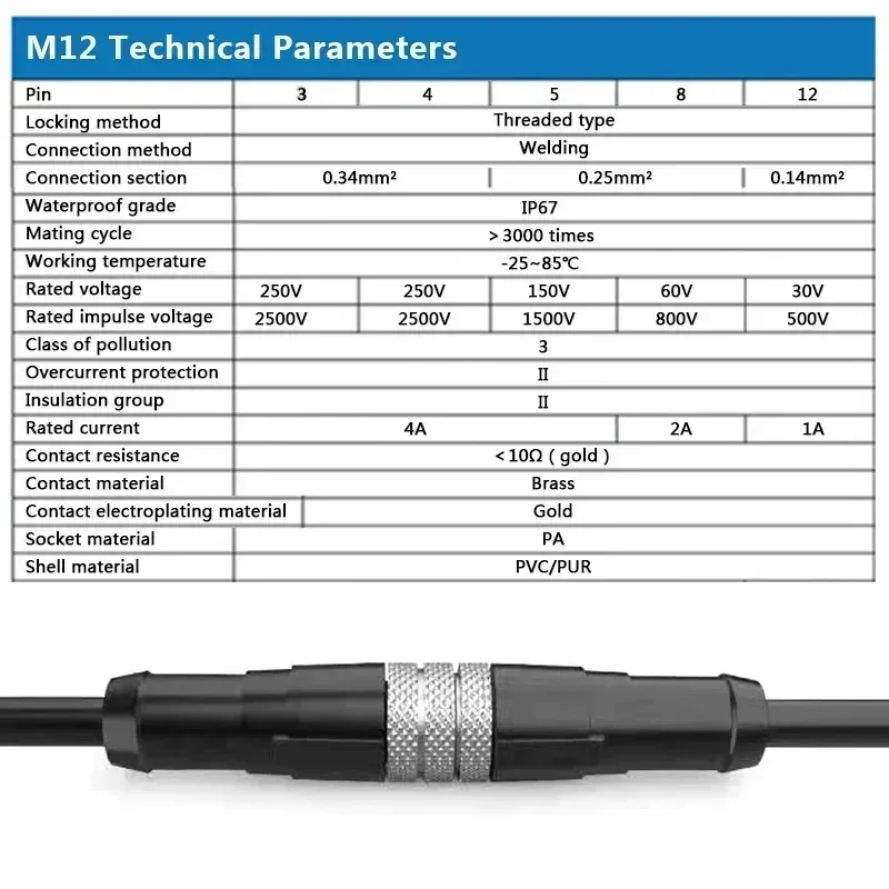 M12 4Pin 5pin 8pin 12pin Male Connector with Wire Female Waterproof Straight Elbow Aviation Plug PVC Sensor Extension Cable 10M