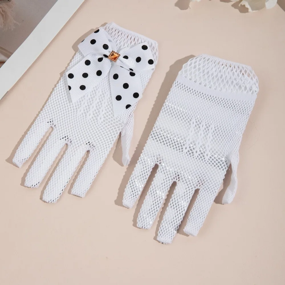 짧은 어린이 웨딩 장갑 얇은 나비 매듭 에티켓 드레스 장갑 우아한 여성 레이스 메쉬 장갑