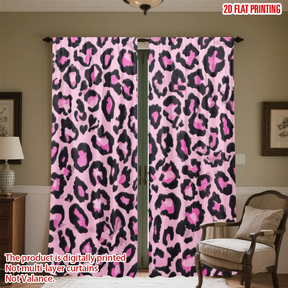 

2D flat printing 2pcs Window Curtains Pink Leopard Spots Digital Printed Polyester Drapes Festive Wall Decor Perfect for Booths