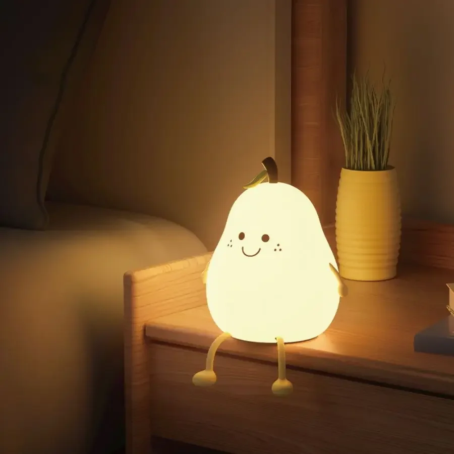 Led Cute Pear Night Light Dimmable Nursery Pear Lamps Super Squishy Silicone USB Rechargeable Touch Control 7 Colors Night Lamp