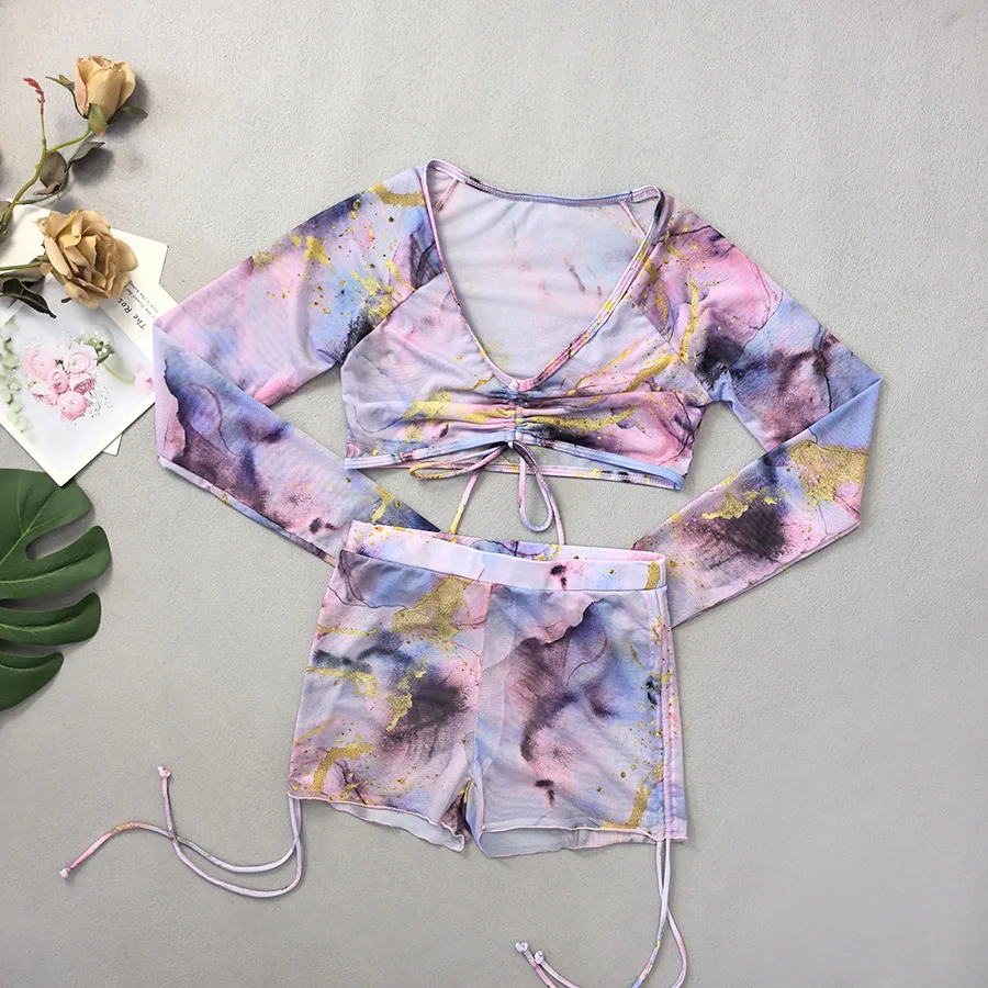 sexy tie dye print bikinis sets 4pcs with long sleeve drawstring cropped cover smock top and shorts bathing suit beach outfits