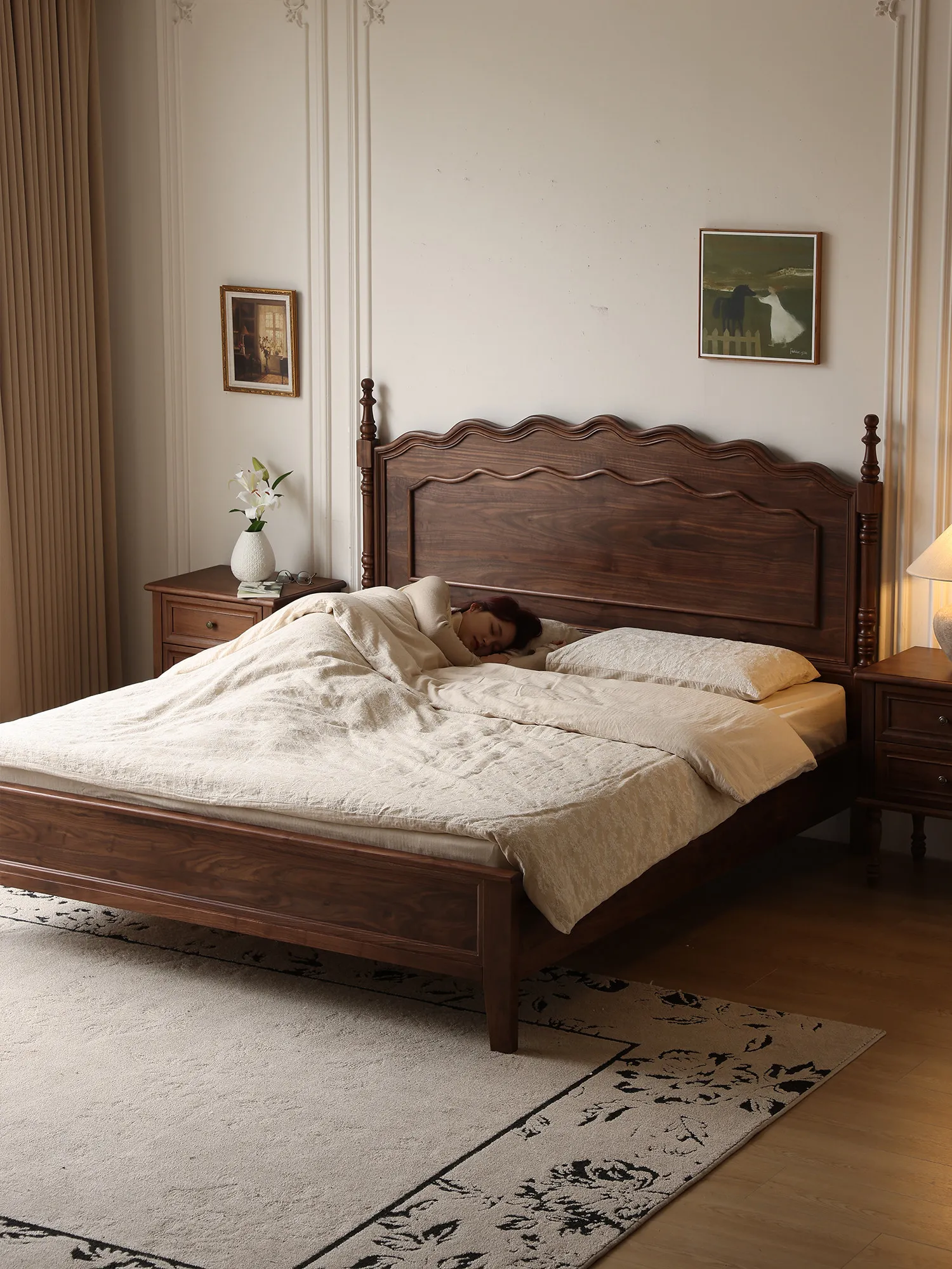 YJQ French retro black walnut solid wood bed double bed American log wedding bed