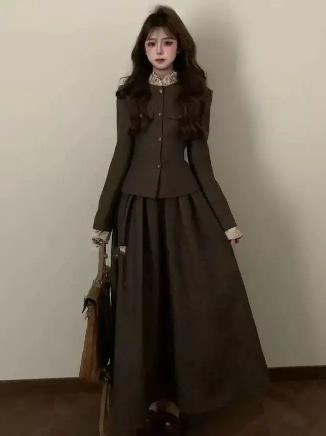 Retro Two-Piece Set Women's Fashion Long Sleeve High Waist Autumn Winter Miu Series Elegant Complete Outfit Ladies Suit