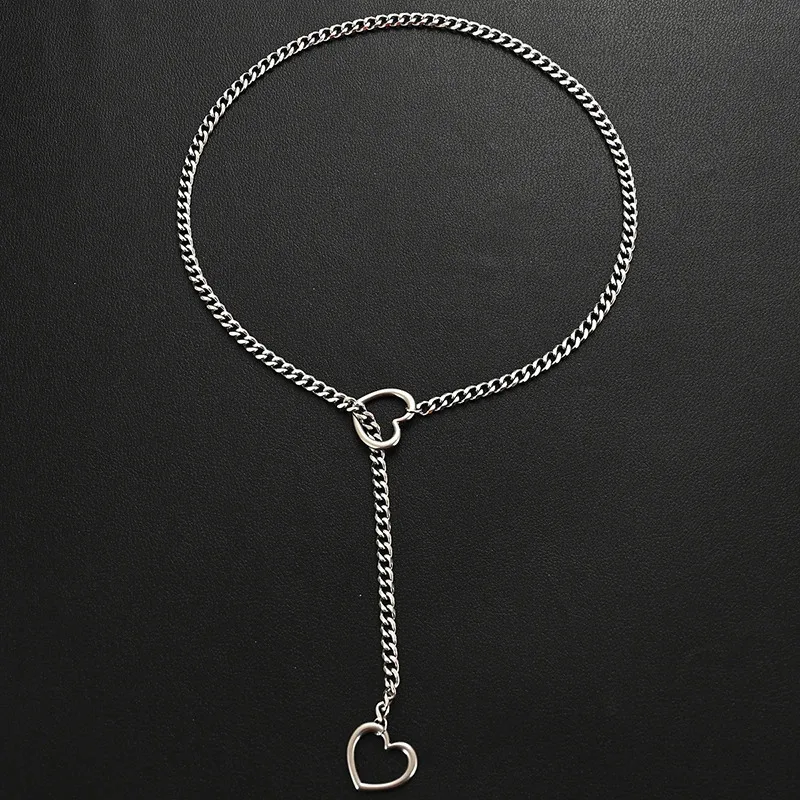 Collier long cubain en acier inoxydable pour femme, bague en forme de cœur, chaîne ald punk rock, bijoux de cou réglables