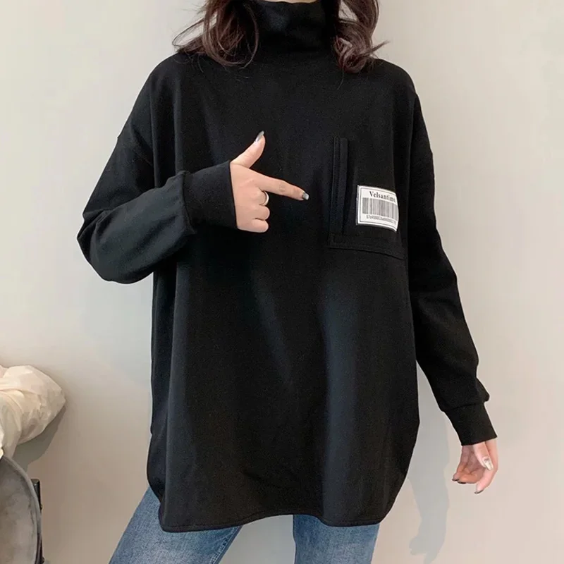 Harajuku Casual Thick warm oversized bottoming T-shirt autumn winter velvet Long Sleeve turtleneck T Shirt Women black long Tops