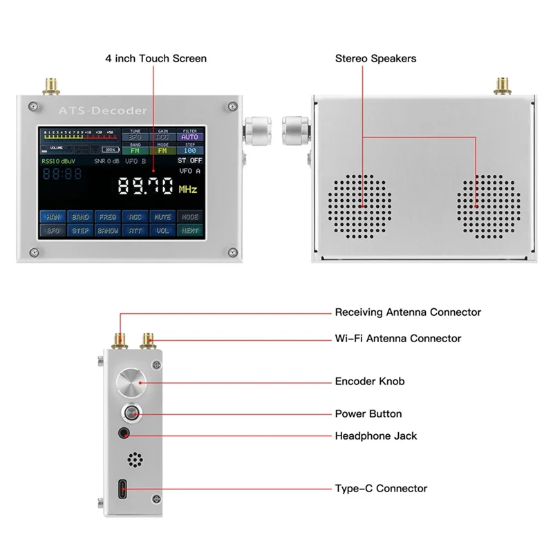 A37T-Per ATS-Decoder Mega SDR Radio AM FM SYNC SSB CW DIGI Ricevitore Versione aggiornata del ATS25 Max-Decoder Schermo a colori da 4 pollici