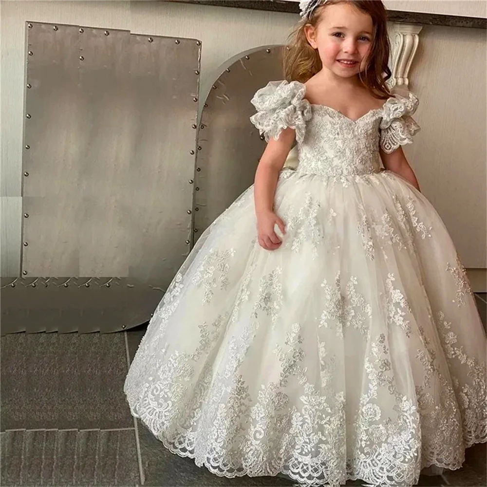 First Communion Dresses Surprise Birthday Present Gorgeous Short-sleeved Tulle Lace Printing Flower Girl Dress Princess Ball