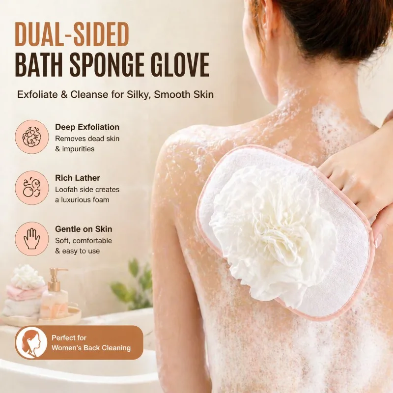 Upgraded Double-sided Shower Loofah Glove Powerful Painless Exfoliating Tool Ladies Body Bath Towel Easy Back Cleaning Mitt