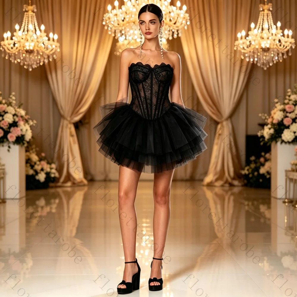 Customized Strapless Corset Cocktail Dresses Floral Lace Scalloped Edge Multi-layer Tulle Mini Skirt Backless Party Prom Gowns