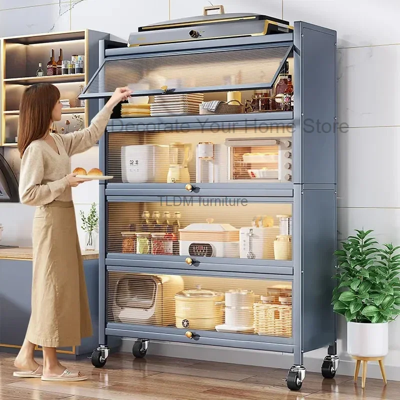 Modern Carbon Steel Kitchen Cabinets Home Storage Cabinet Multi-functional Multi-layer Microwave Oven Floor Rack with Flip Door