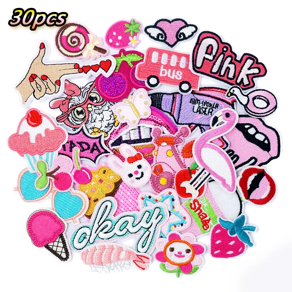 

30Pcs/Lot Pink Bus Okey Embroidered Patches Applique Sewing Clothes Accessories Apparel Sewing Supplies Iron on Patch Decoration