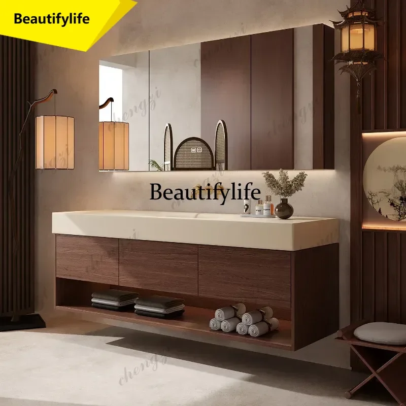 Medieval style integrated basin bathroom rubber wood paint-free bathroom cabinet wash washbasin  a17