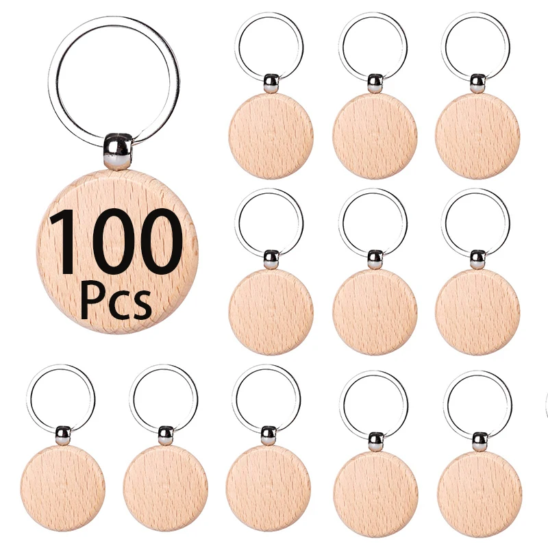 

100PCS Wood Blank Tags Keychains Keyrings with Wooden Pendants