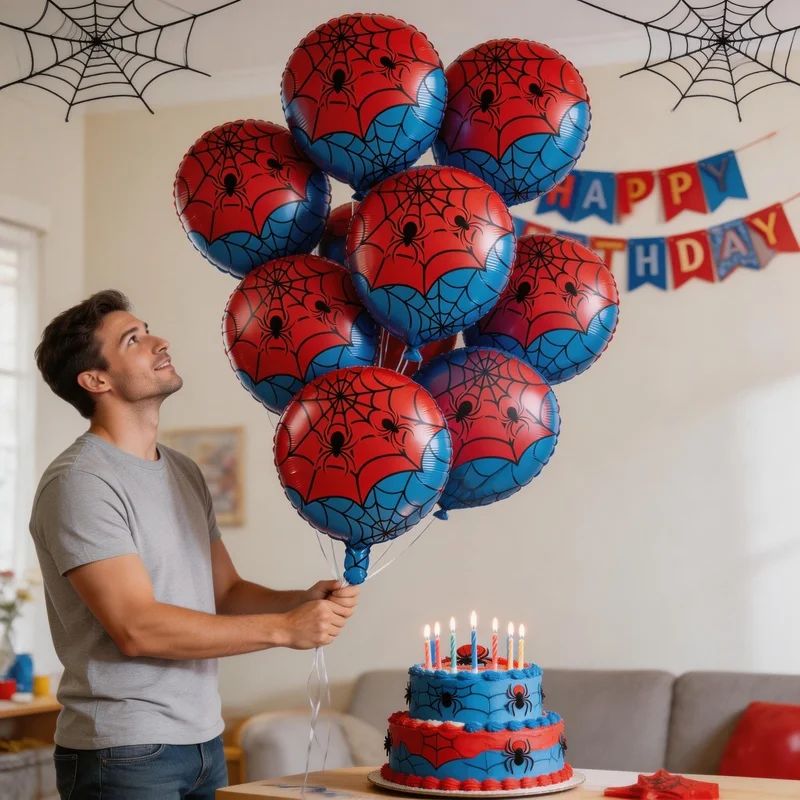 10 Stück 18 Zoll Rot-Blaue Gitter-Folienballons Spinnen-Thema Geburtstag Hochzeit Party Deko Rot-Blaue Gitter-Ballons Geburtstagsdekoration – Detail 1