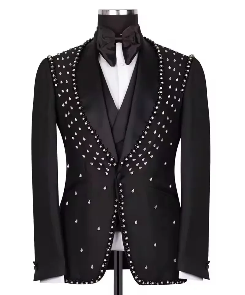 Designer Crystal Wedding Tuxedos 2 Piece Set Jacket Pants Shawl Lapel Men Suits Beaded Fashion Groom Wear Party Suit Customized