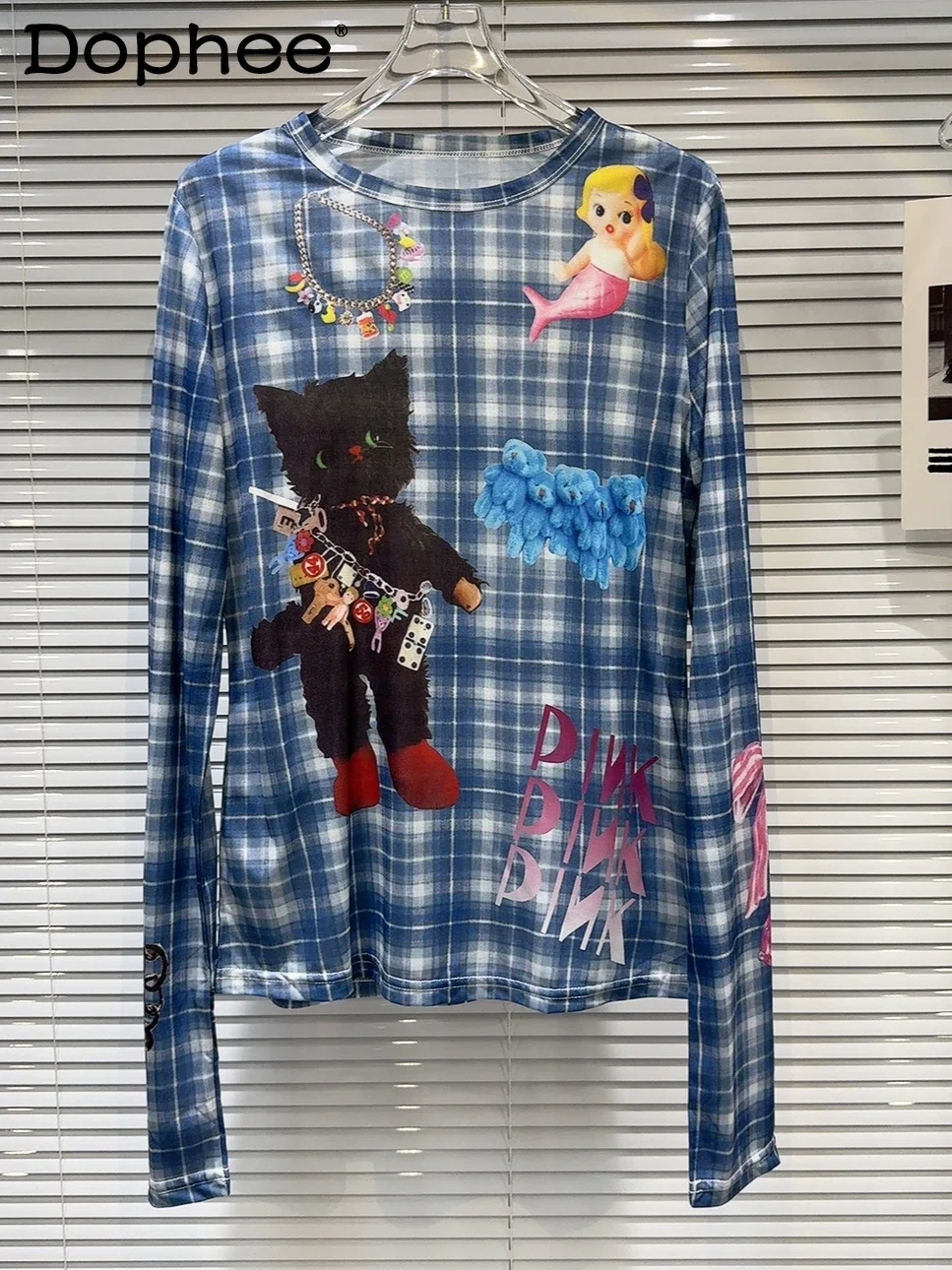 

2024 Autumn New Cartoon Abstract Printing Pattern Plaid Long-sleeved T-shirt Women Crew Neck Long Sleeve Casual Top Female