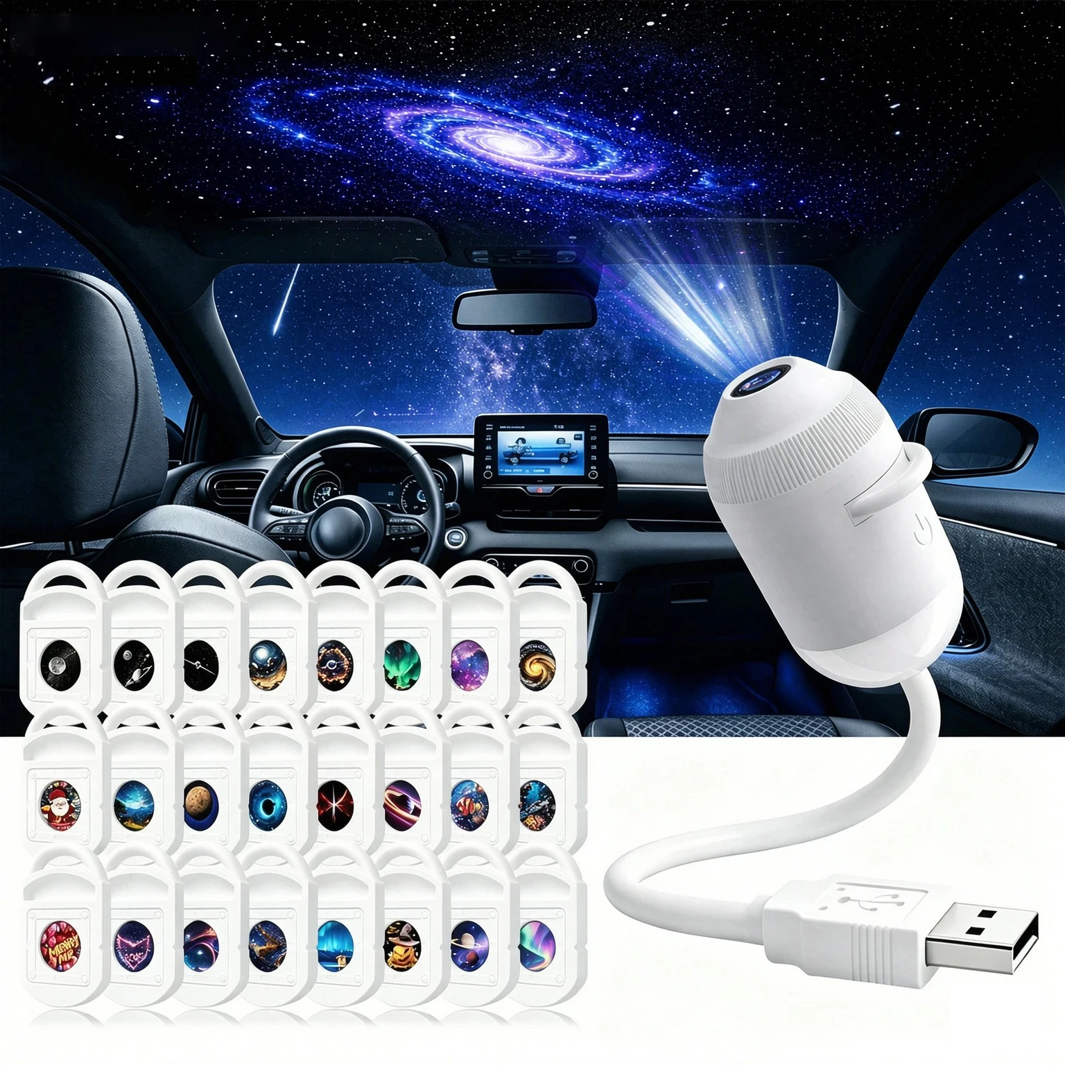 2 in 1 HD Smart Starry Sky Projector Night Light USB Plug Play 360° Adjustable Galaxy Atmosphere Lamp For Car Interior Bedroom