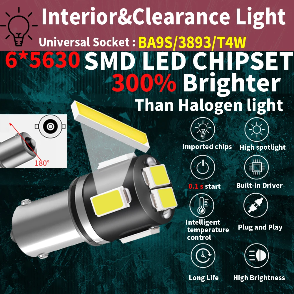 2pcs BA9S 3893 T4W T5W 3860 3796 T2W Led Moto Reading Light Car Parking Lamp Super Bright White 6000k Motorcycle Diode Bulb 12v